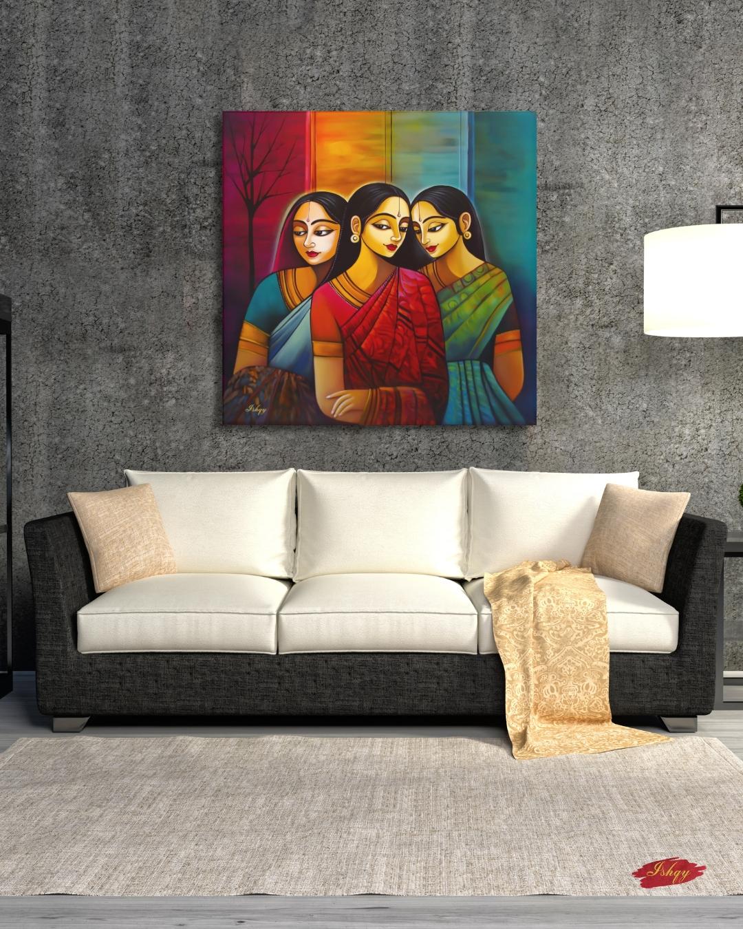 Indian Wall Art Canvas Print, Sari Women Painting, Bengali Sisterhood Portrait, Colorful Folk Art, Framed Canvas Living Room Decor Gift