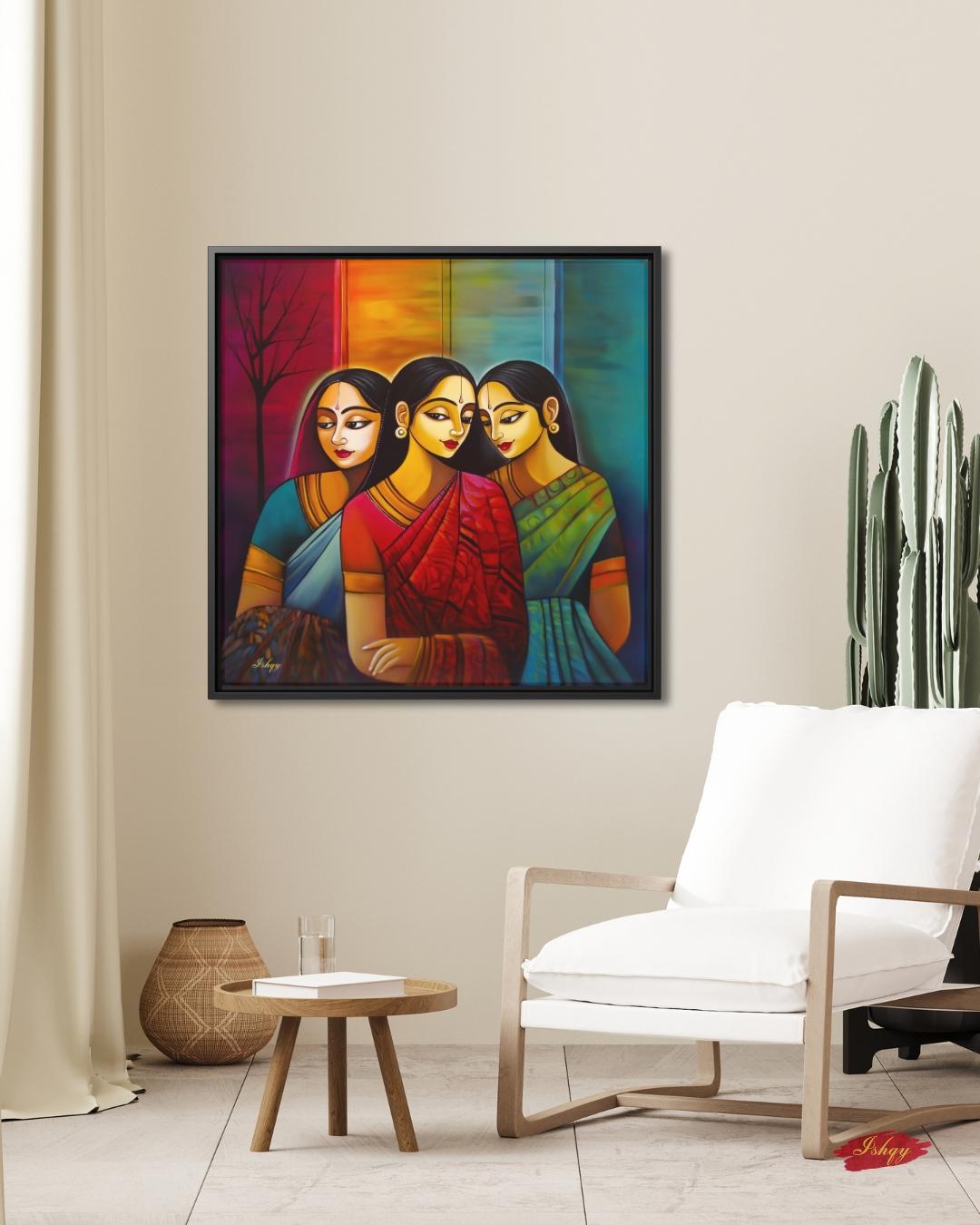 Indian Wall Art Canvas Print, Sari Women Painting, Bengali Sisterhood Portrait, Colorful Folk Art, Framed Canvas Living Room Decor Gift