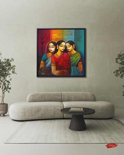 Indian Wall Art Canvas Print, Sari Women Painting, Bengali Sisterhood Portrait, Colorful Folk Art, Framed Canvas Living Room Decor Gift