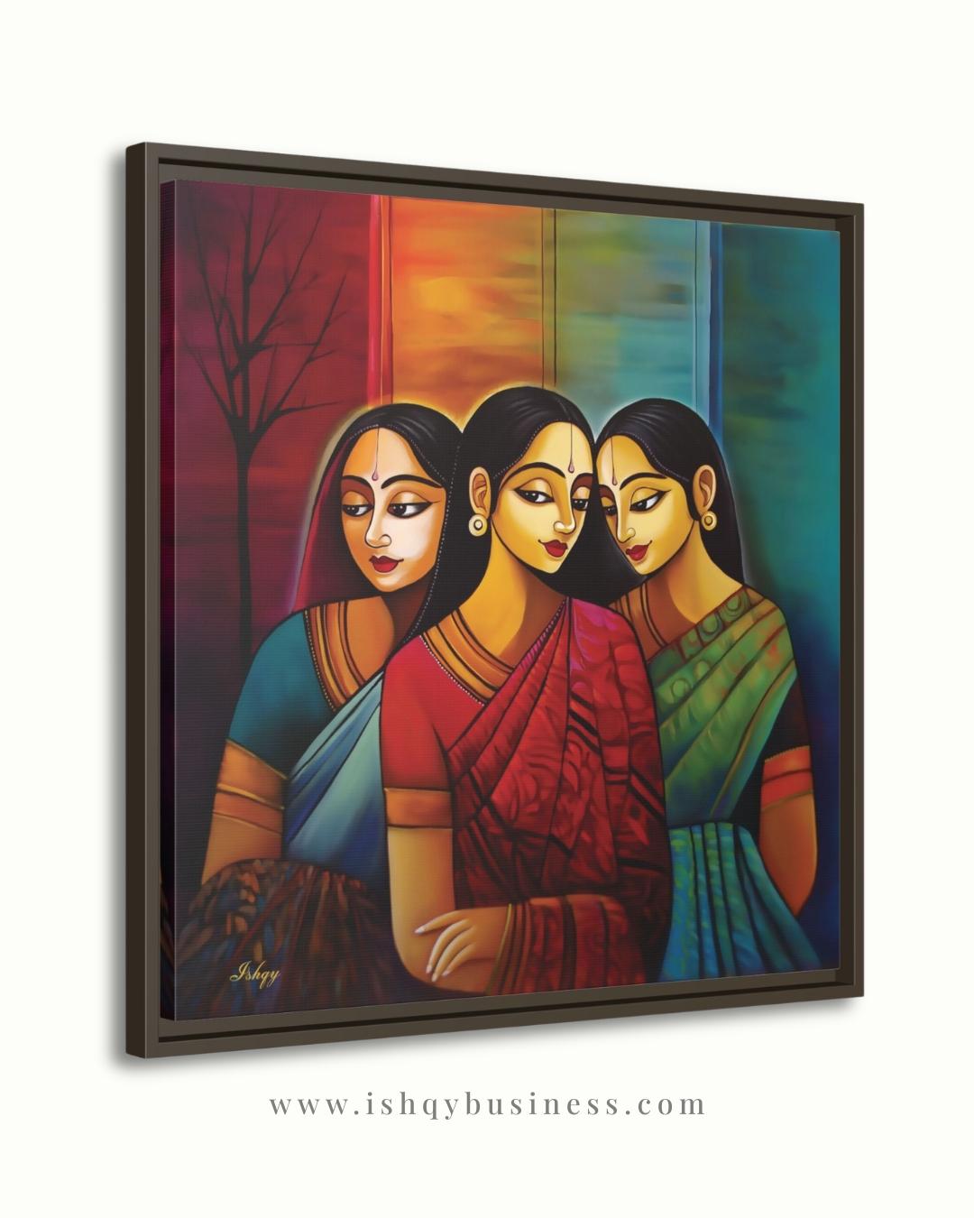 Indian Wall Art Canvas Print, Sari Women Painting, Bengali Sisterhood Portrait, Colorful Folk Art, Framed Canvas Living Room Decor Gift