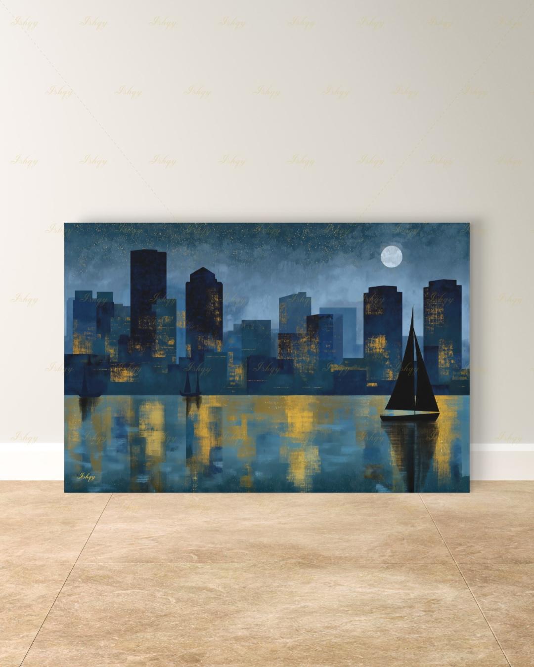 Oversized Boston Canvas Wall Art, Boston Harbor Skyline Framed Canvas Print, Extra Large Textured Sailboat Night Painting, Above Bed Decor