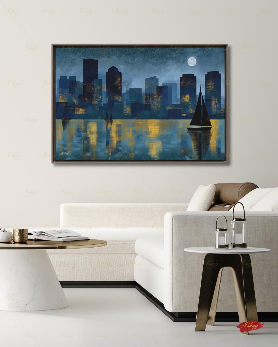 Oversized Boston Canvas Wall Art, Boston Harbor Skyline Framed Canvas Print, Extra Large Textured Sailboat Night Painting, Above Bed Decor