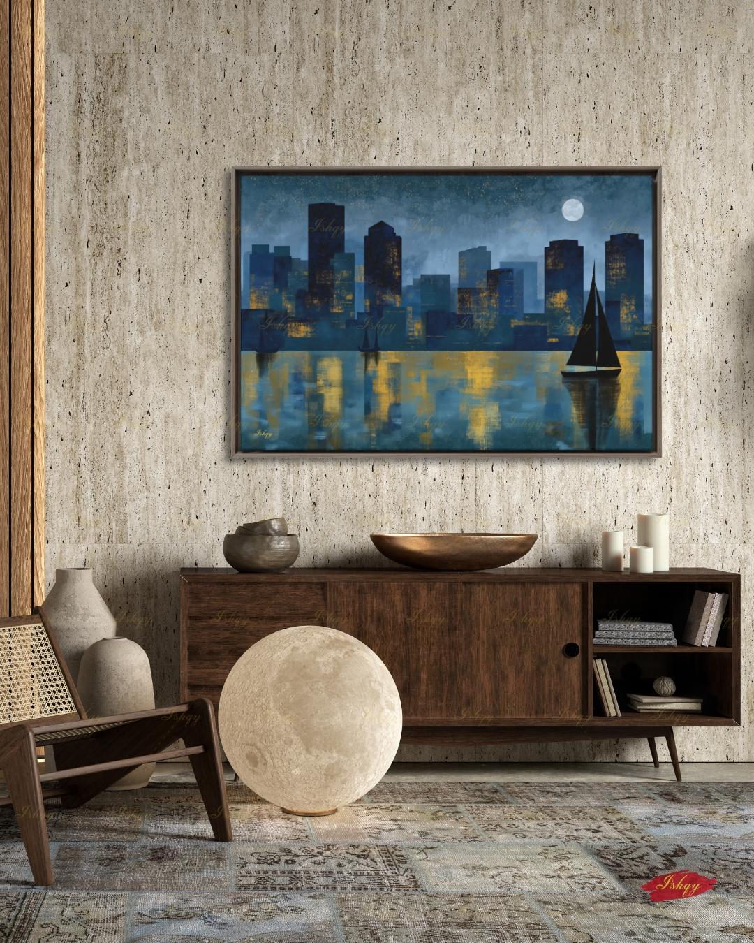 Oversized Boston Canvas Wall Art, Boston Harbor Skyline Framed Canvas Print, Extra Large Textured Sailboat Night Painting, Above Bed Decor