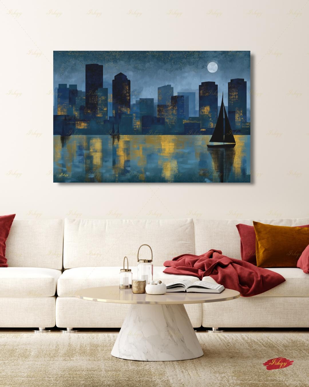 Oversized Boston Canvas Wall Art, Boston Harbor Skyline Framed Canvas Print, Extra Large Textured Sailboat Night Painting, Above Bed Decor