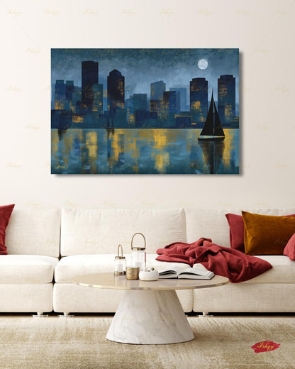 Oversized Boston Canvas Wall Art, Boston Harbor Skyline Framed Canvas Print, Extra Large Textured Sailboat Night Painting, Above Bed Decor