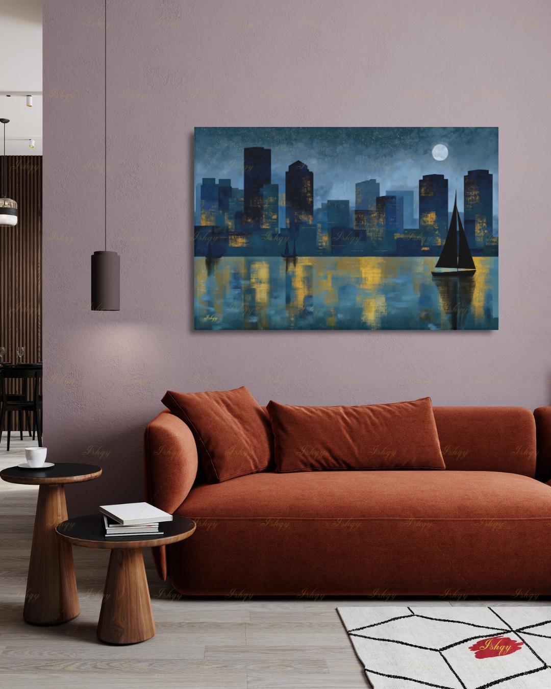 Oversized Boston Canvas Wall Art, Boston Harbor Skyline Framed Canvas Print, Extra Large Textured Sailboat Night Painting, Above Bed Decor