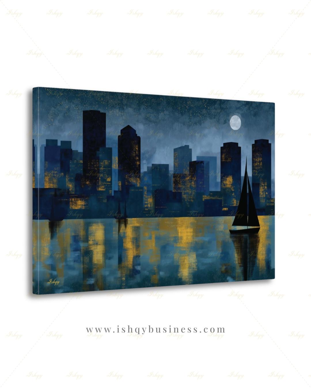 Oversized Boston Canvas Wall Art, Boston Harbor Skyline Framed Canvas Print, Extra Large Textured Sailboat Night Painting, Above Bed Decor