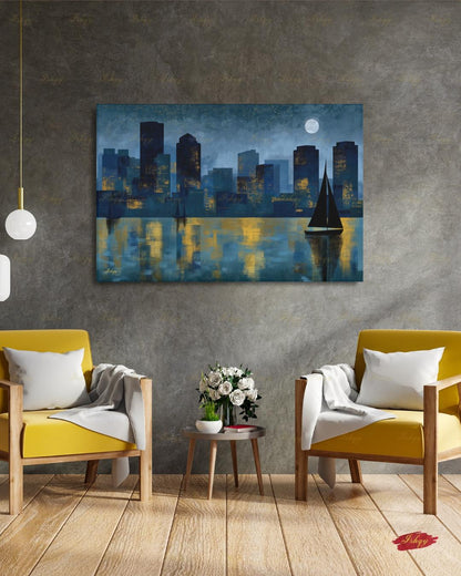 Oversized Boston Canvas Wall Art, Boston Harbor Skyline Framed Canvas Print, Extra Large Textured Sailboat Night Painting, Above Bed Decor