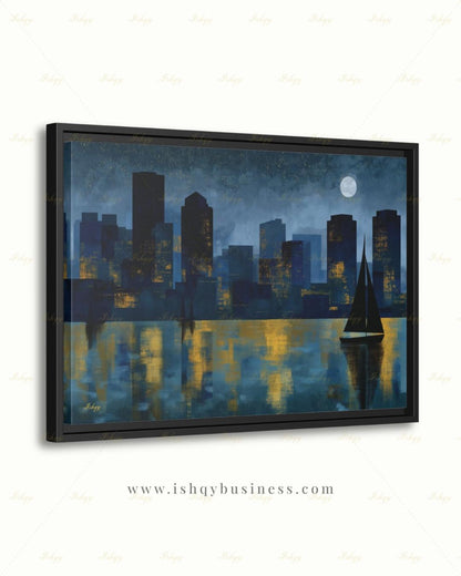 Oversized Boston Canvas Wall Art, Boston Harbor Skyline Framed Canvas Print, Extra Large Textured Sailboat Night Painting, Above Bed Decor