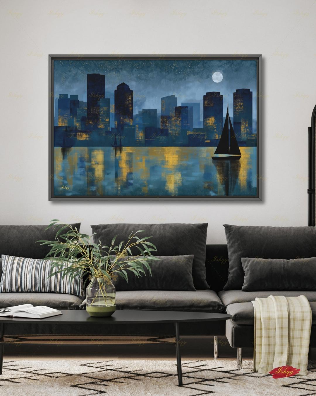 Oversized Boston Canvas Wall Art, Boston Harbor Skyline Framed Canvas Print, Extra Large Textured Sailboat Night Painting, Above Bed Decor