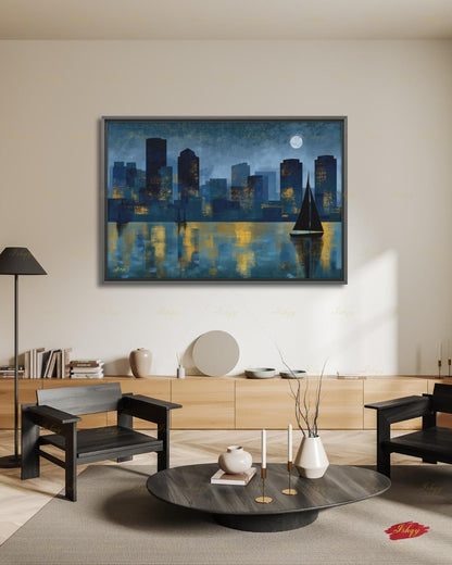 Oversized Boston Canvas Wall Art, Boston Harbor Skyline Framed Canvas Print, Extra Large Textured Sailboat Night Painting, Above Bed Decor