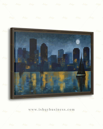 Oversized Boston Canvas Wall Art, Boston Harbor Skyline Framed Canvas Print, Extra Large Textured Sailboat Night Painting, Above Bed Decor
