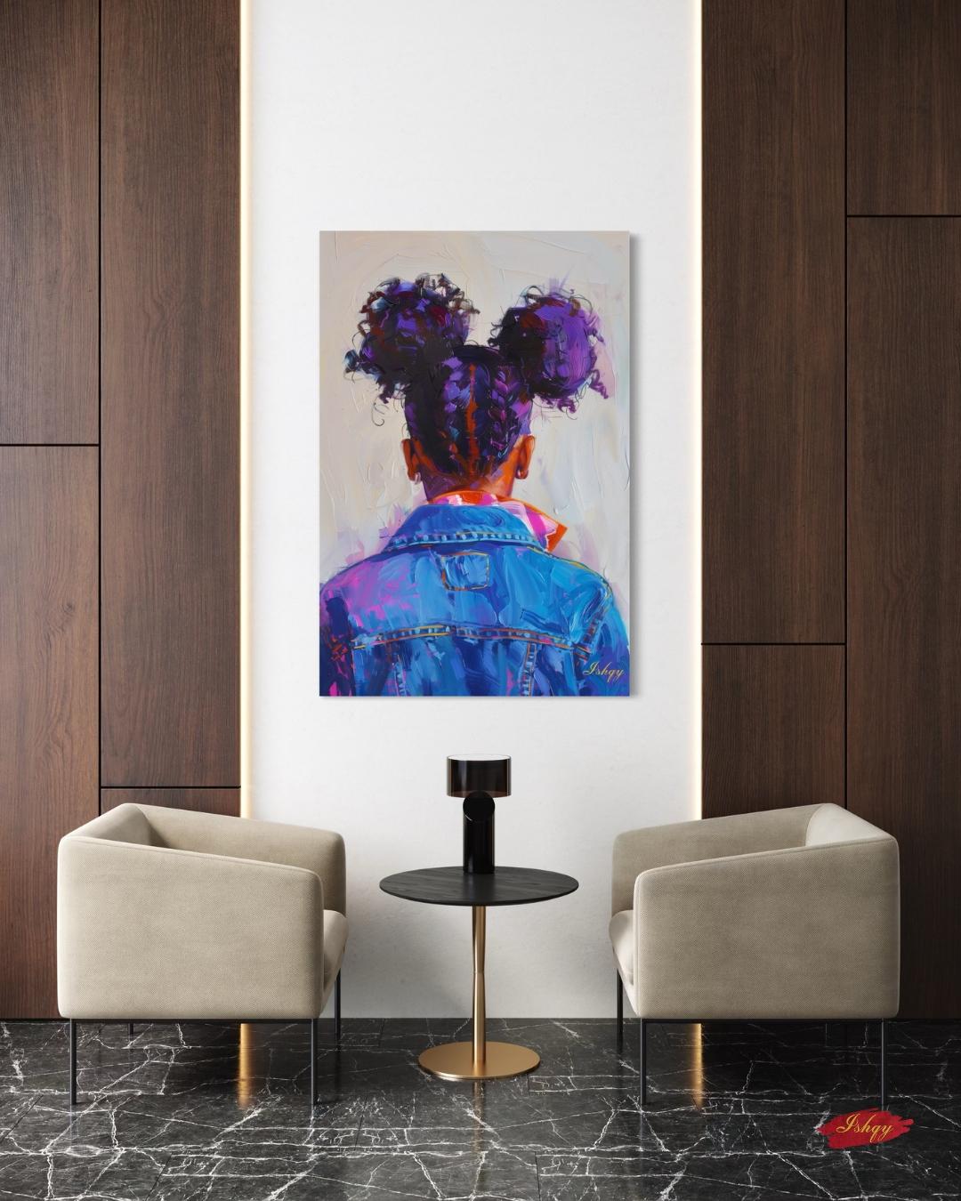 Afro Puff Portrait Painting Print, Canvas Framed Canvas, Black Girl With Braids In Denim Art, Wall Art For Bedroom, Nursery, Living Room