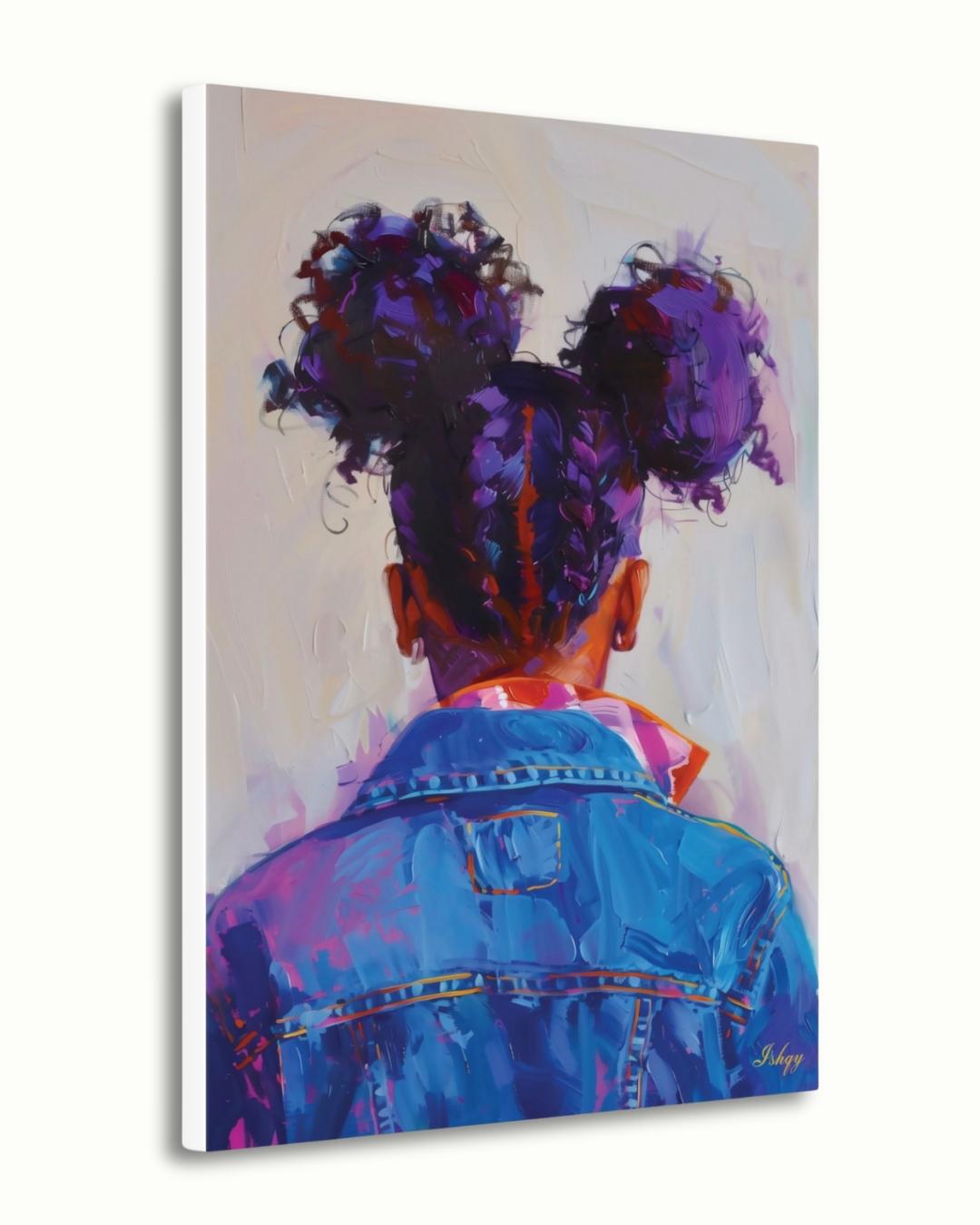 Afro Puff Portrait Painting Print, Canvas Framed Canvas, Black Girl With Braids In Denim Art, Wall Art For Bedroom, Nursery, Living Room