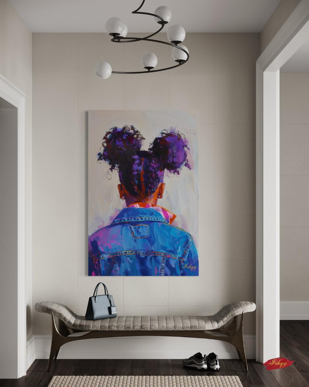 Afro Puff Portrait Painting Print, Canvas Framed Canvas, Black Girl With Braids In Denim Art, Wall Art For Bedroom, Nursery, Living Room