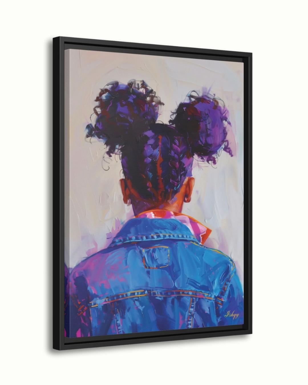 Afro Puff Portrait Painting Print, Canvas Framed Canvas, Black Girl With Braids In Denim Art, Wall Art For Bedroom, Nursery, Living Room