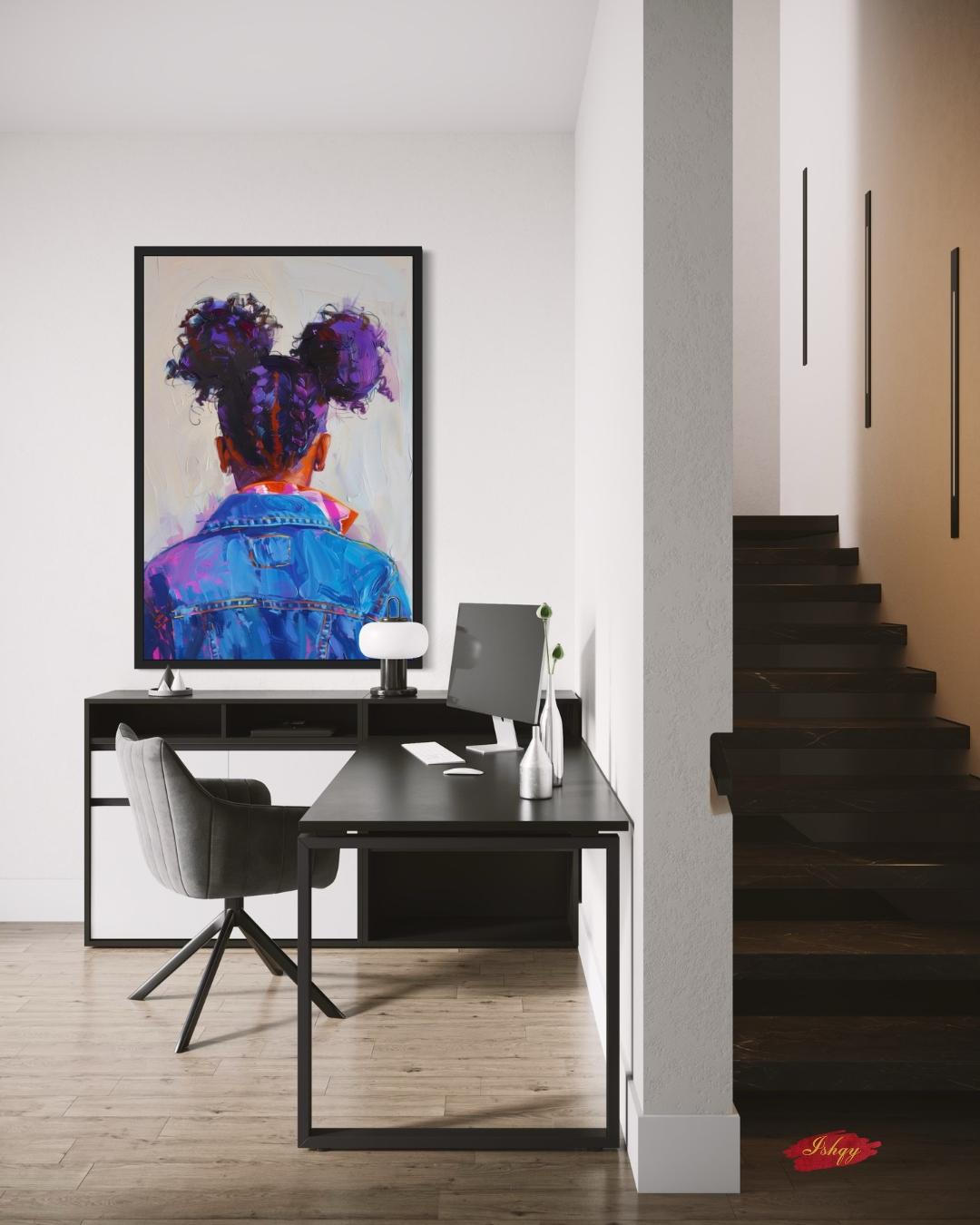 Afro Puff Portrait Painting Print, Canvas Framed Canvas, Black Girl With Braids In Denim Art, Wall Art For Bedroom, Nursery, Living Room