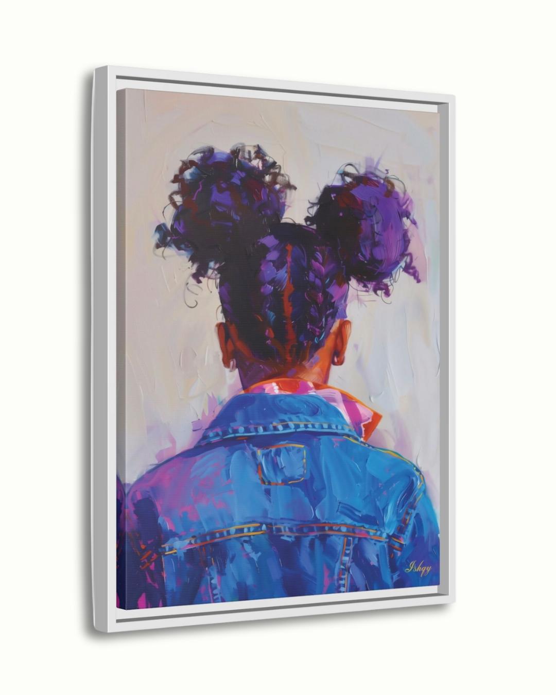 Afro Puff Portrait Painting Print, Canvas Framed Canvas, Black Girl With Braids In Denim Art, Wall Art For Bedroom, Nursery, Living Room