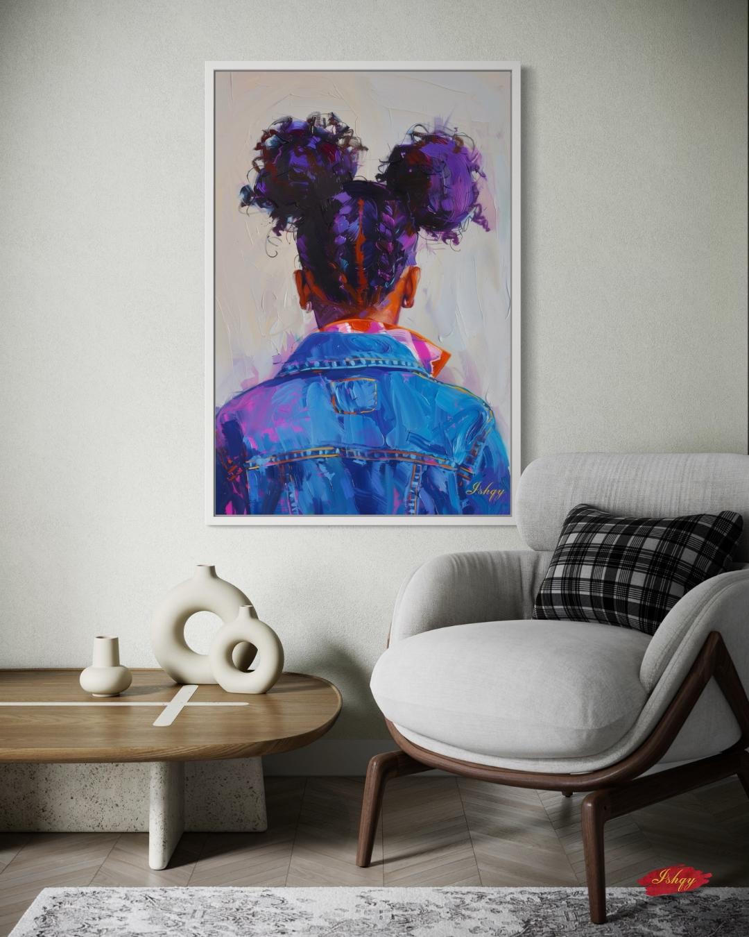 Afro Puff Portrait Painting Print, Canvas Framed Canvas, Black Girl With Braids In Denim Art, Wall Art For Bedroom, Nursery, Living Room