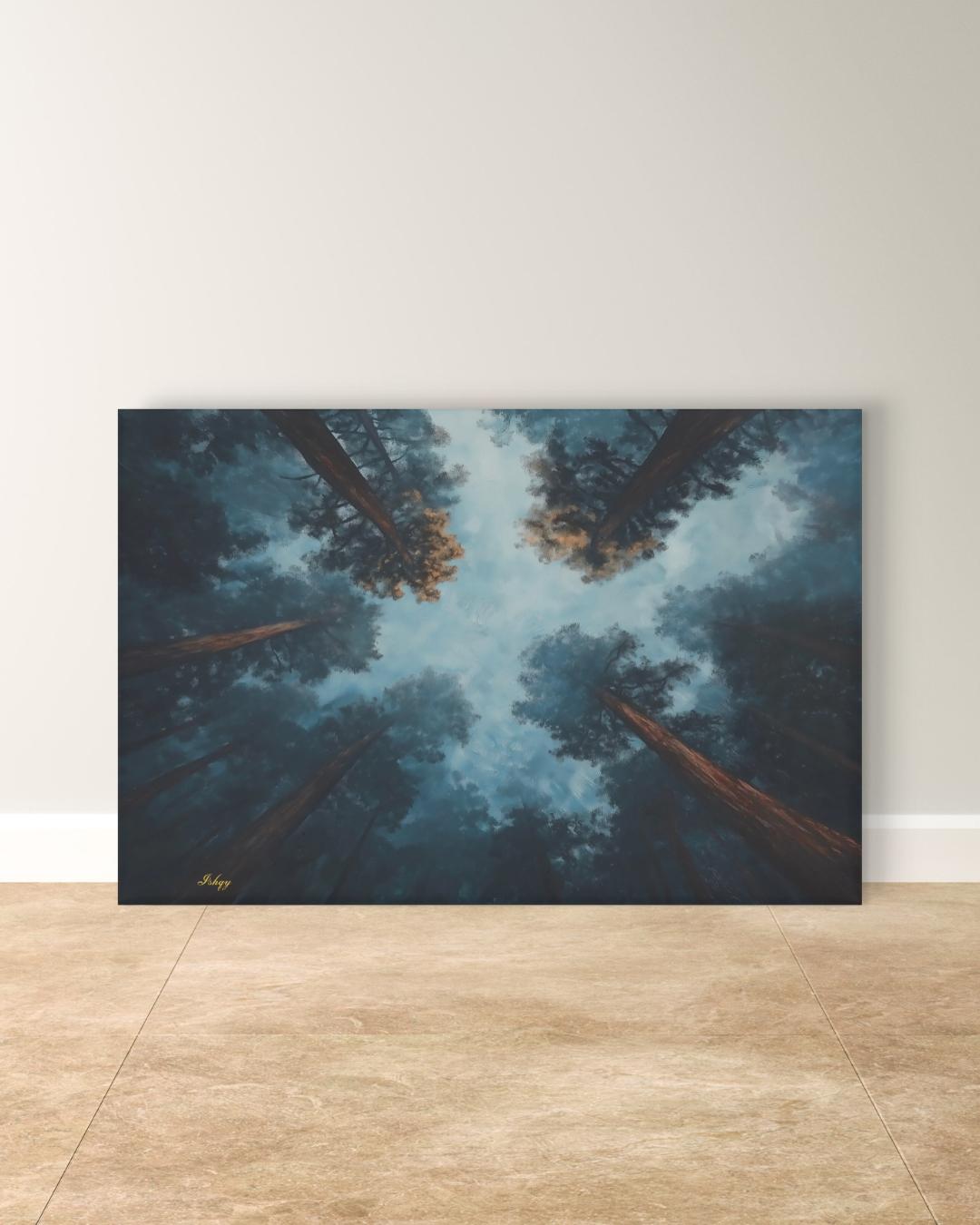 Forest Wall Art, Looking Up Trees Canvas, Misty Redwood Canopy Print, Moody Pine Sky View, Nature Landscape Decor, Large Wall Art Gift Print