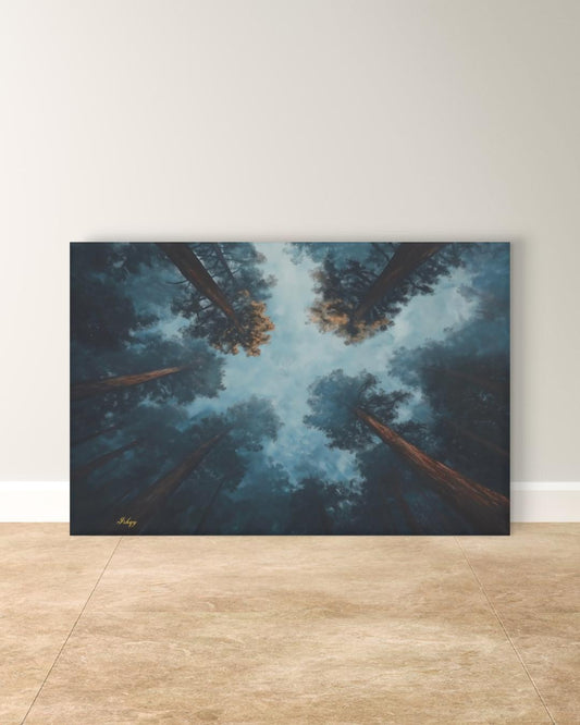 Forest Wall Art, Looking Up Trees Canvas, Misty Redwood Canopy Print, Moody Pine Sky View, Nature Landscape Decor, Large Wall Art Gift Print