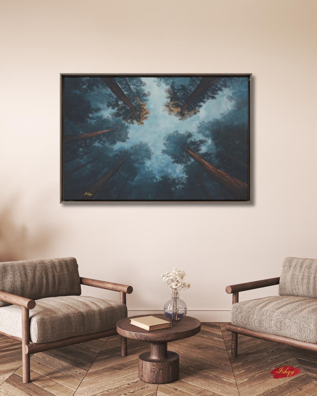 Forest Wall Art, Looking Up Trees Canvas, Misty Redwood Canopy Print, Moody Pine Sky View, Nature Landscape Decor, Large Wall Art Gift Print