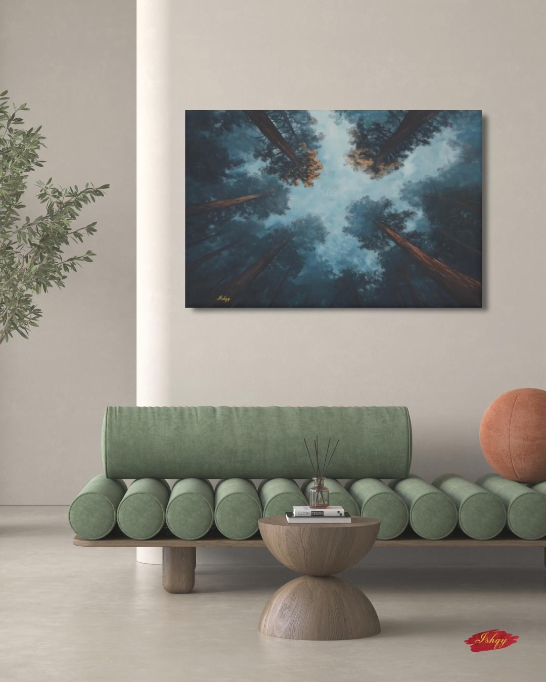 Forest Wall Art, Looking Up Trees Canvas, Misty Redwood Canopy Print, Moody Pine Sky View, Nature Landscape Decor, Large Wall Art Gift Print