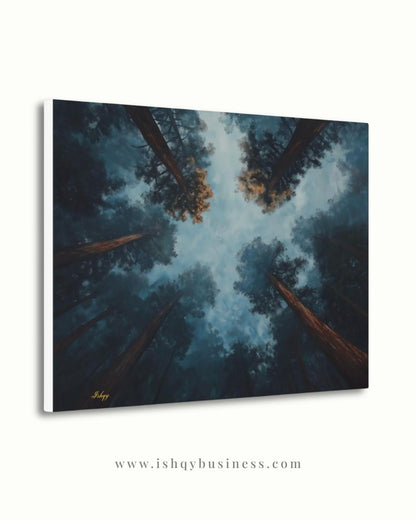 Forest Wall Art, Looking Up Trees Canvas, Misty Redwood Canopy Print, Moody Pine Sky View, Nature Landscape Decor, Large Wall Art Gift Print