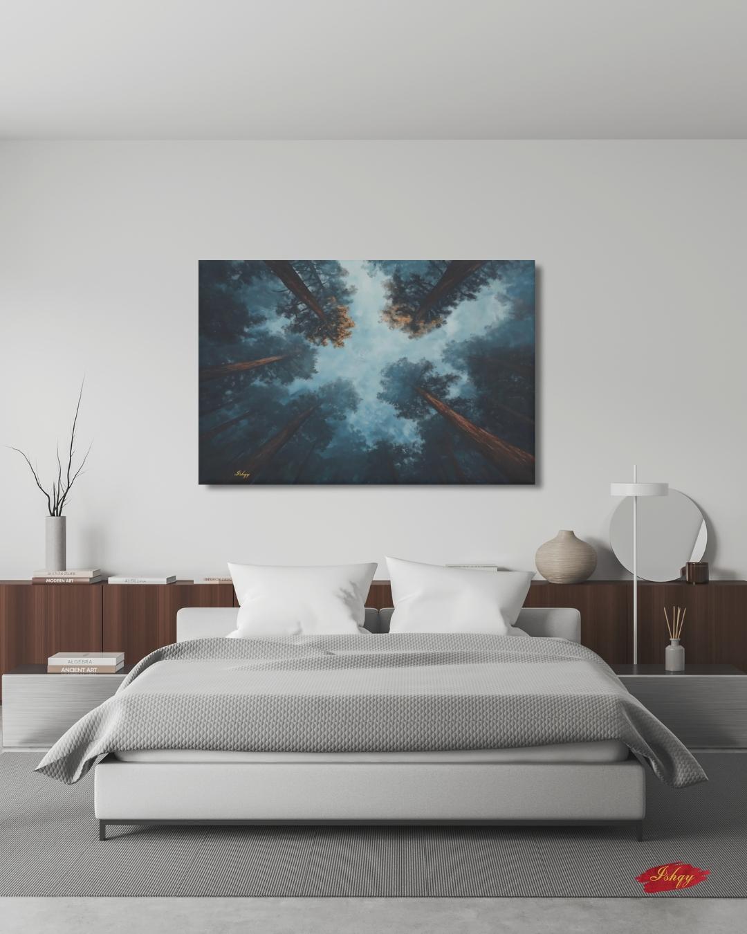 Forest Wall Art, Looking Up Trees Canvas, Misty Redwood Canopy Print, Moody Pine Sky View, Nature Landscape Decor, Large Wall Art Gift Print