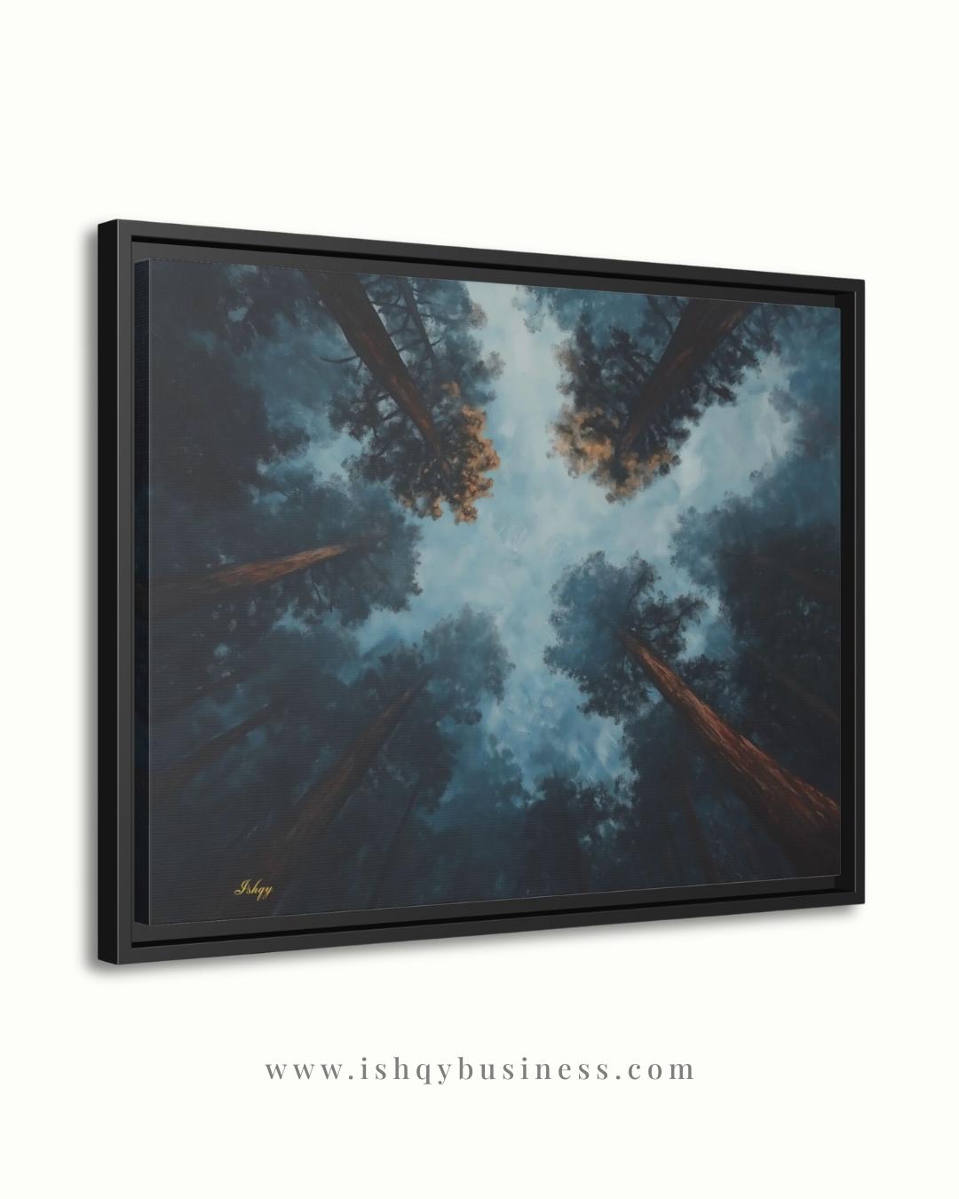 Forest Wall Art, Looking Up Trees Canvas, Misty Redwood Canopy Print, Moody Pine Sky View, Nature Landscape Decor, Large Wall Art Gift Print