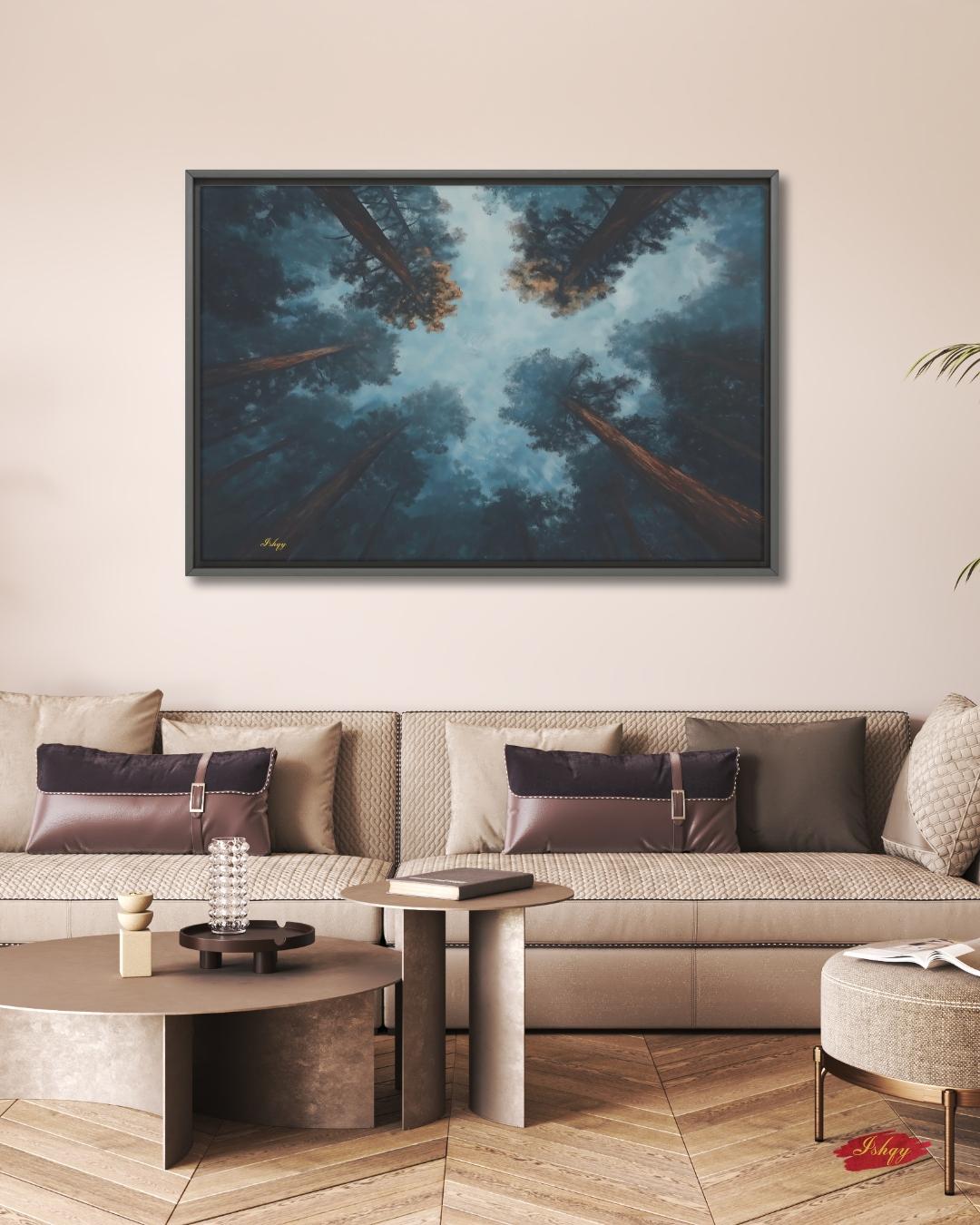 Forest Wall Art, Looking Up Trees Canvas, Misty Redwood Canopy Print, Moody Pine Sky View, Nature Landscape Decor, Large Wall Art Gift Print