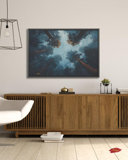 Forest Wall Art, Looking Up Trees Canvas, Misty Redwood Canopy Print, Moody Pine Sky View, Nature Landscape Decor, Large Wall Art Gift Print