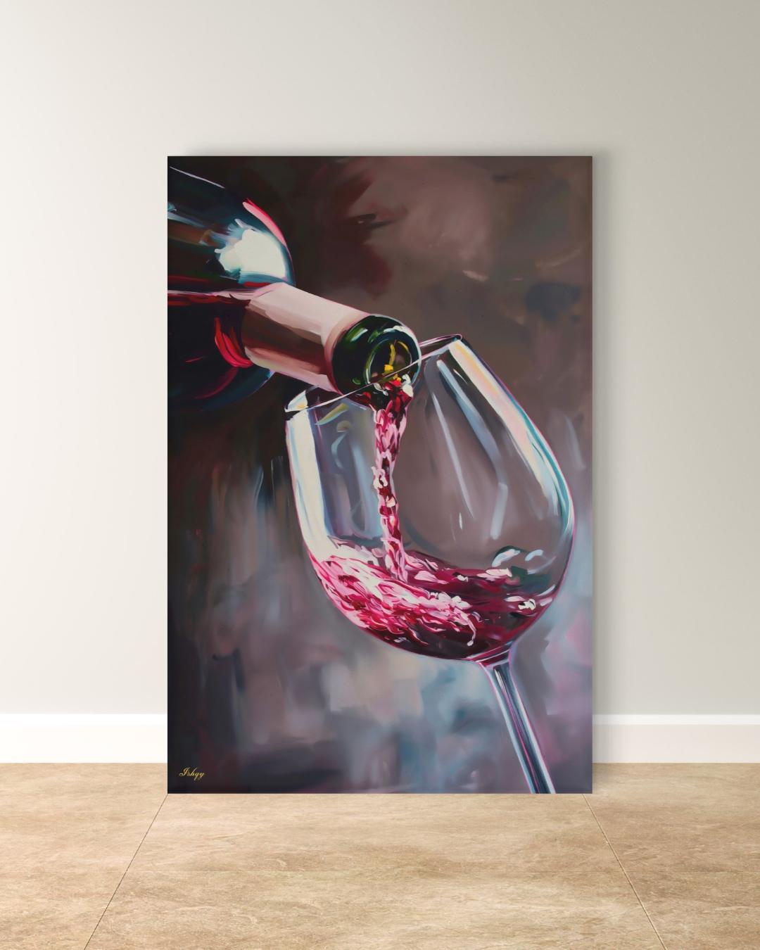 Red Wine Pouring Wall Art Print, Canvas, Framed Canvas, Large Wine Glass Painting for Modern Kitchen Bar Dining Room Decor, Wine Lover Gift