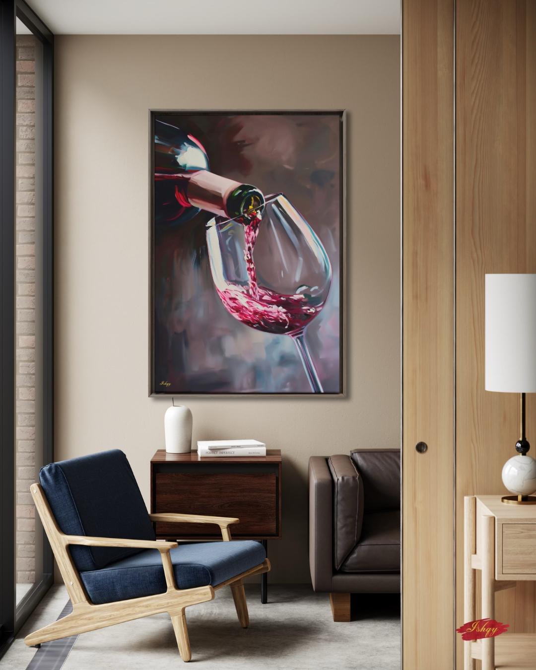 Red Wine Pouring Wall Art Print, Canvas, Framed Canvas, Large Wine Glass Painting for Modern Kitchen Bar Dining Room Decor, Wine Lover Gift