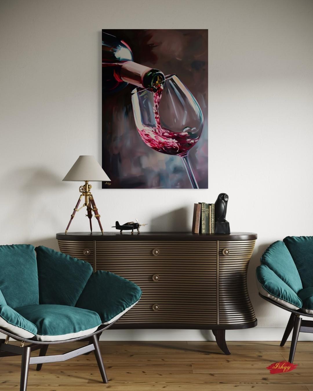Red Wine Pouring Wall Art Print, Canvas, Framed Canvas, Large Wine Glass Painting for Modern Kitchen Bar Dining Room Decor, Wine Lover Gift