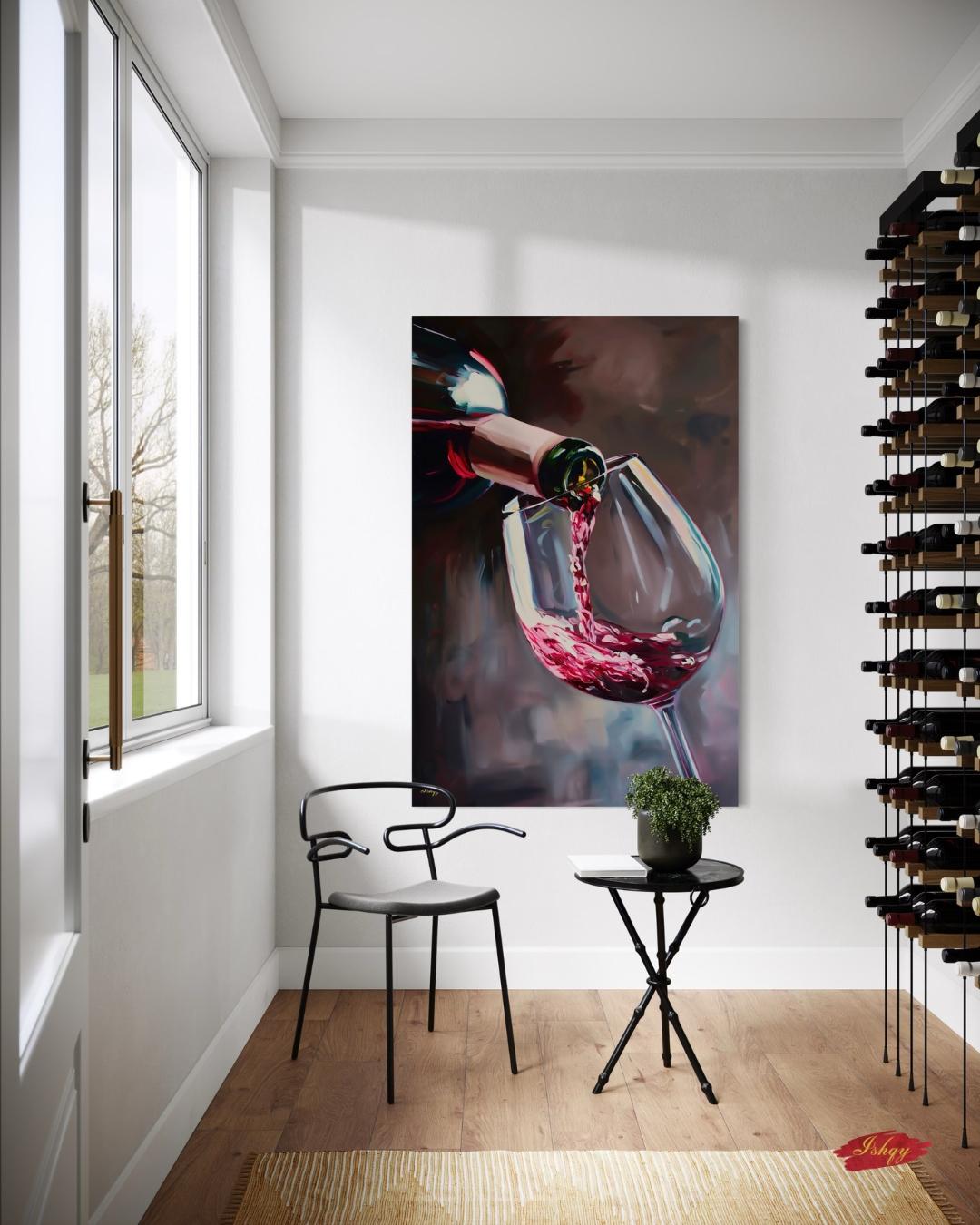 Red Wine Pouring Wall Art Print, Canvas, Framed Canvas, Large Wine Glass Painting for Modern Kitchen Bar Dining Room Decor, Wine Lover Gift