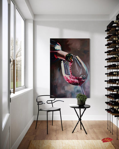 Red Wine Pouring Wall Art Print, Canvas, Framed Canvas, Large Wine Glass Painting for Modern Kitchen Bar Dining Room Decor, Wine Lover Gift