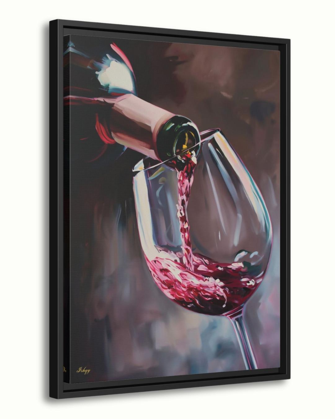 Red Wine Pouring Wall Art Print, Canvas, Framed Canvas, Large Wine Glass Painting for Modern Kitchen Bar Dining Room Decor, Wine Lover Gift