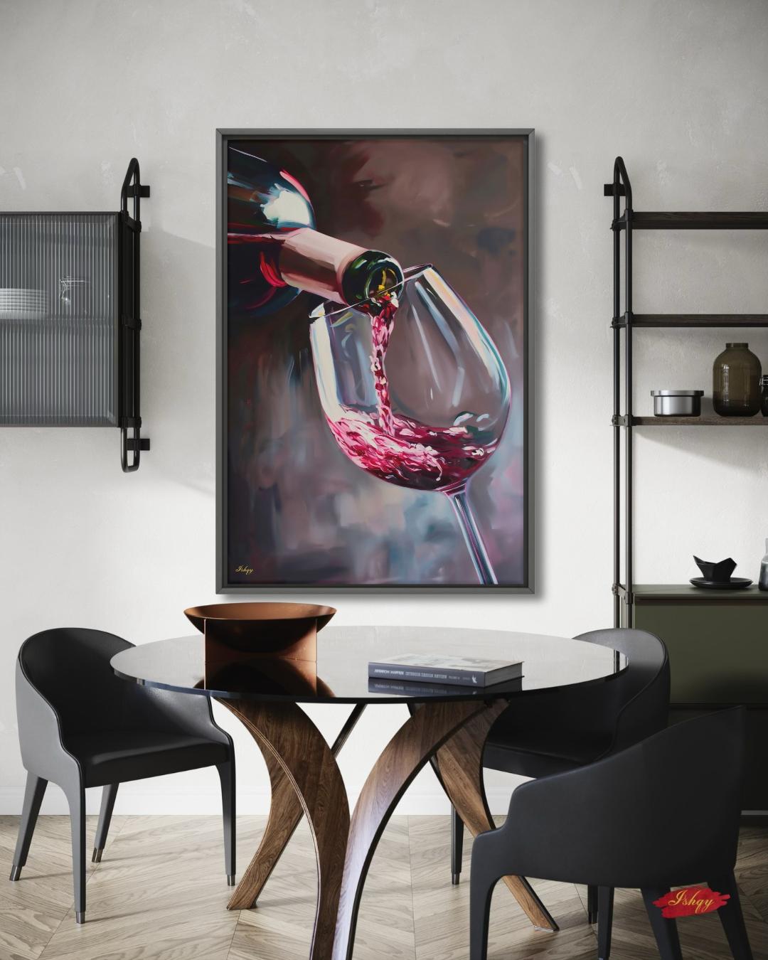 Red Wine Pouring Wall Art Print, Canvas, Framed Canvas, Large Wine Glass Painting for Modern Kitchen Bar Dining Room Decor, Wine Lover Gift