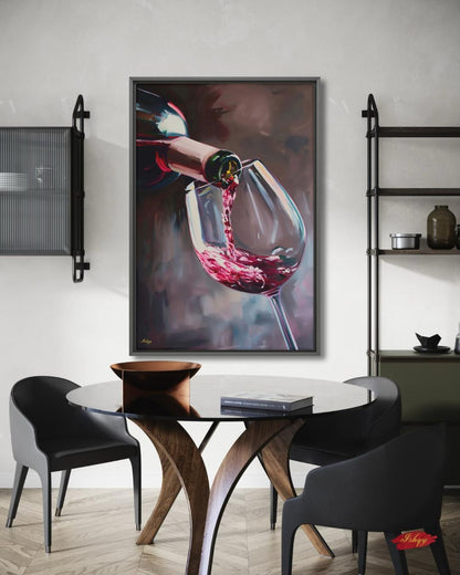 Red Wine Pouring Wall Art Print, Canvas, Framed Canvas, Large Wine Glass Painting for Modern Kitchen Bar Dining Room Decor, Wine Lover Gift