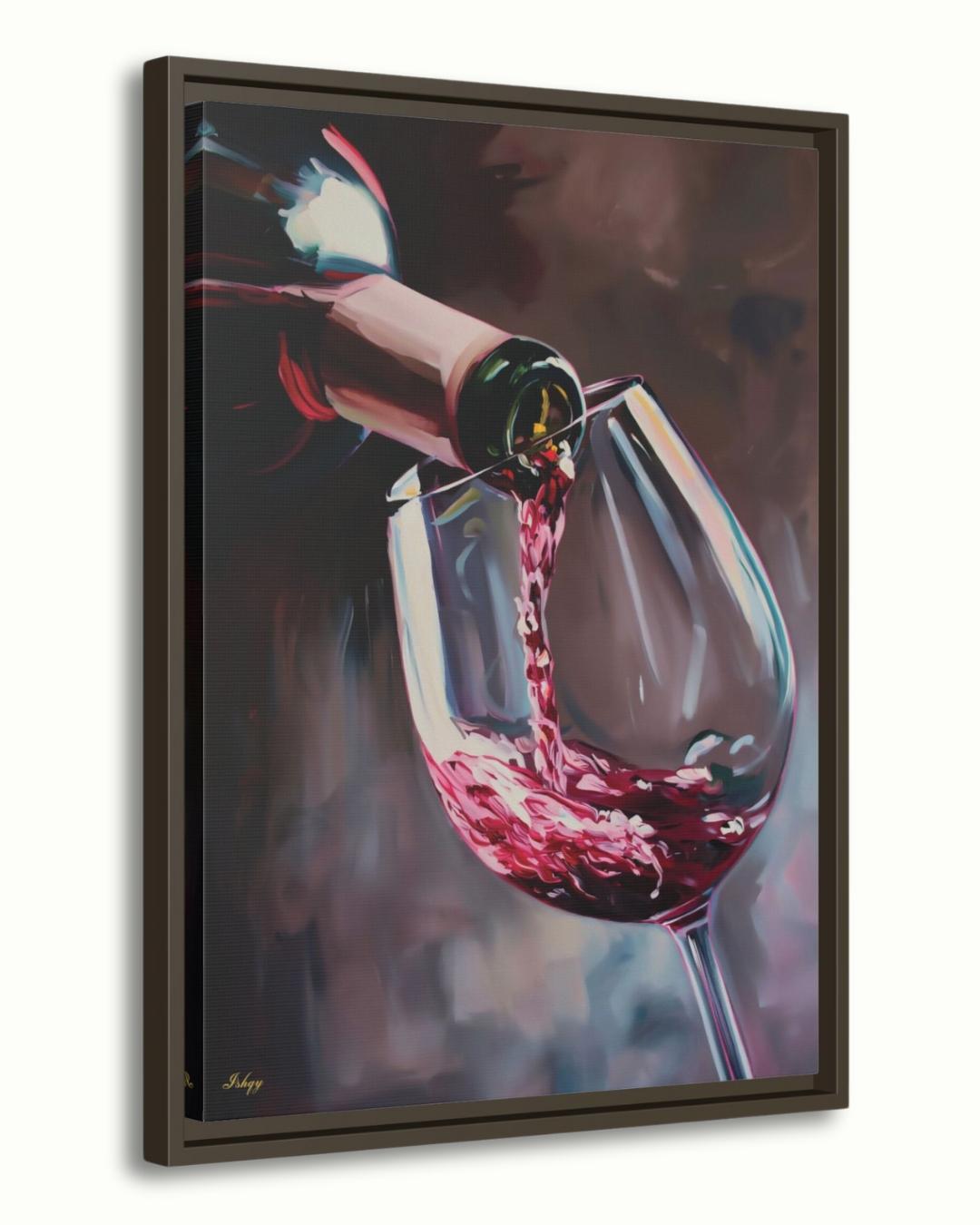 Red Wine Pouring Wall Art Print, Canvas, Framed Canvas, Large Wine Glass Painting for Modern Kitchen Bar Dining Room Decor, Wine Lover Gift