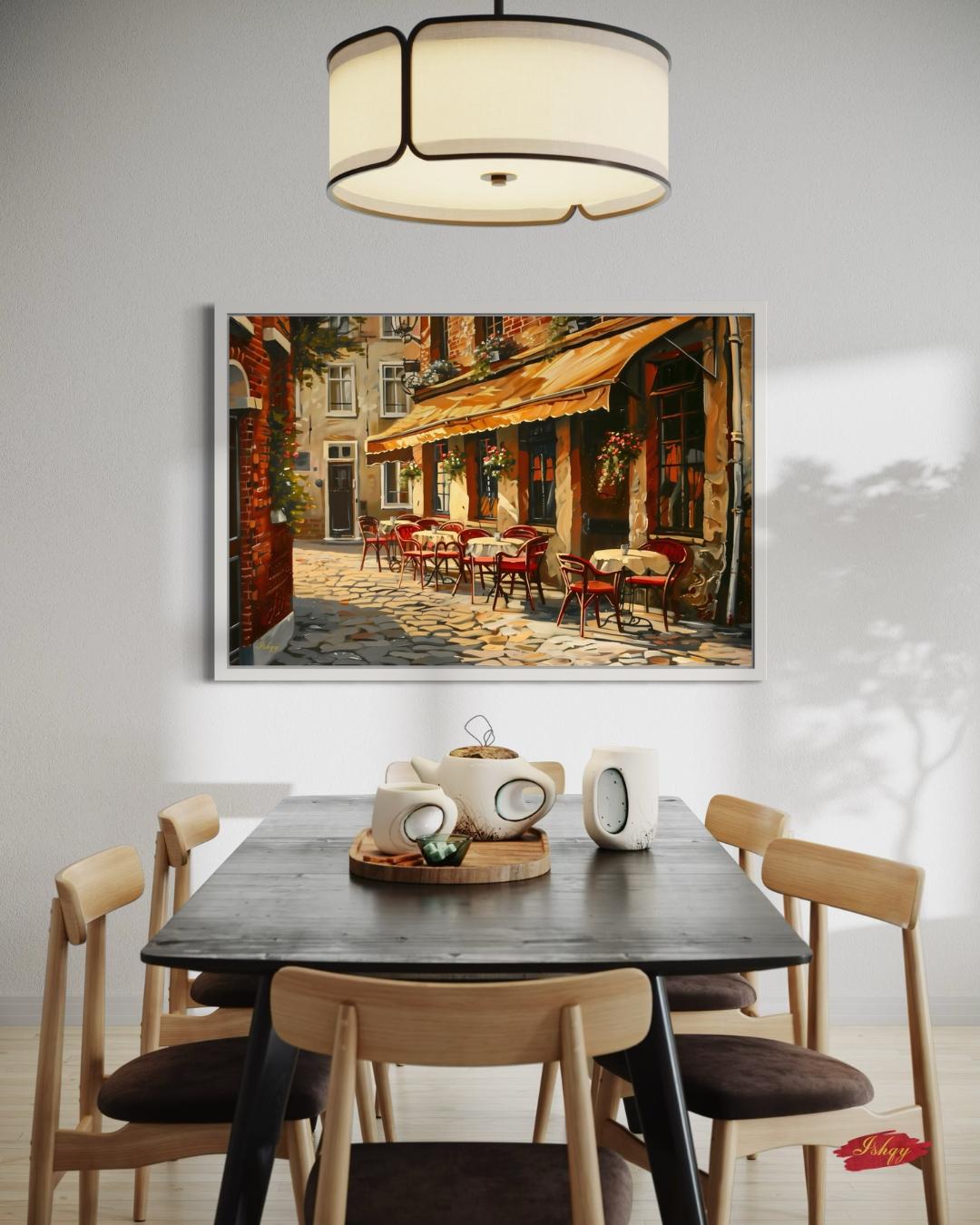 European Cafe Street Wall Art Print, Canvas, Framed Canvas, Rustic Vintage Parisian Bistro, Old Town Cobblestone Alley, Kitchen Dining Decor
