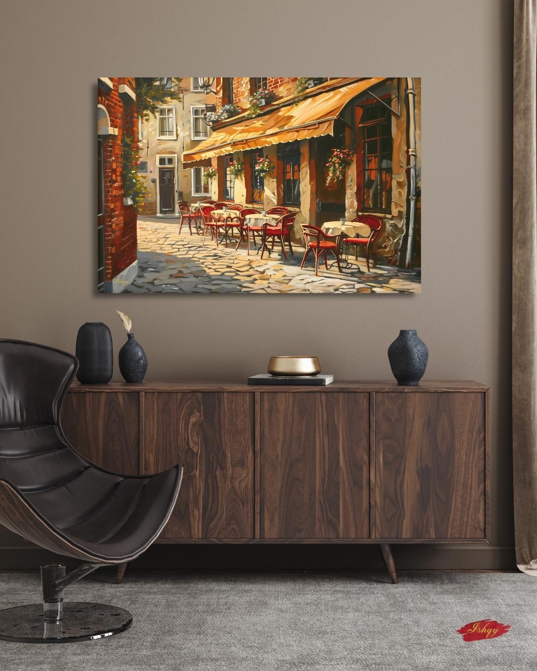 European Cafe Street Wall Art Print, Canvas, Framed Canvas, Rustic Vintage Parisian Bistro, Old Town Cobblestone Alley, Kitchen Dining Decor