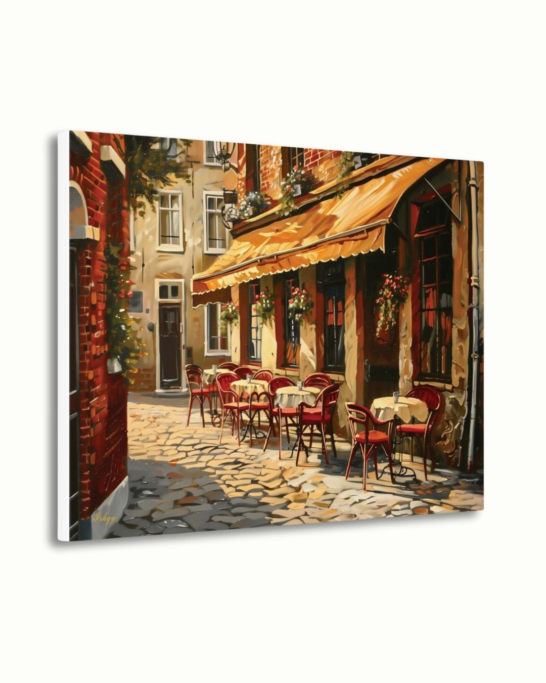 European Cafe Street Wall Art Print, Canvas, Framed Canvas, Rustic Vintage Parisian Bistro, Old Town Cobblestone Alley, Kitchen Dining Decor