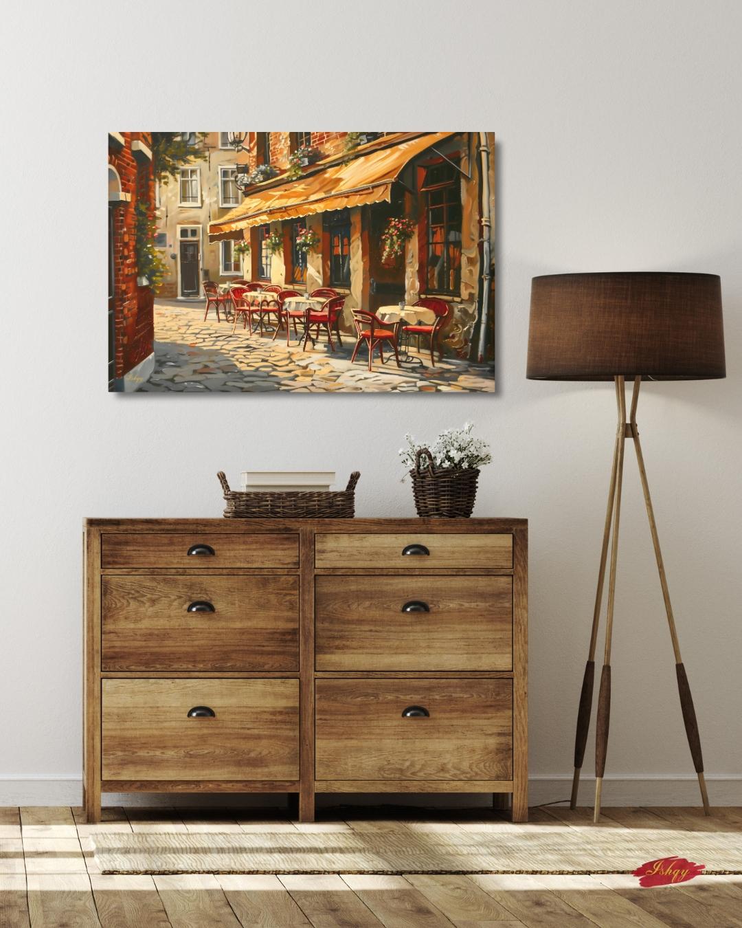 European Cafe Street Wall Art Print, Canvas, Framed Canvas, Rustic Vintage Parisian Bistro, Old Town Cobblestone Alley, Kitchen Dining Decor