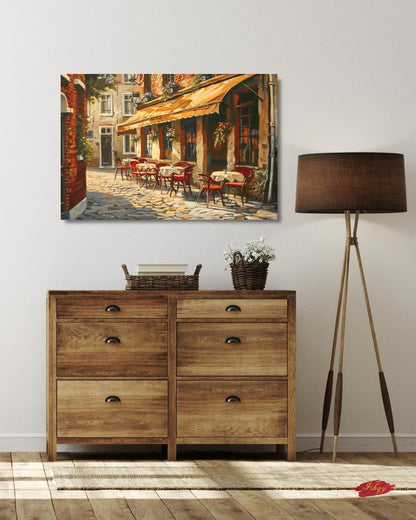 European Cafe Street Wall Art Print, Canvas, Framed Canvas, Rustic Vintage Parisian Bistro, Old Town Cobblestone Alley, Kitchen Dining Decor