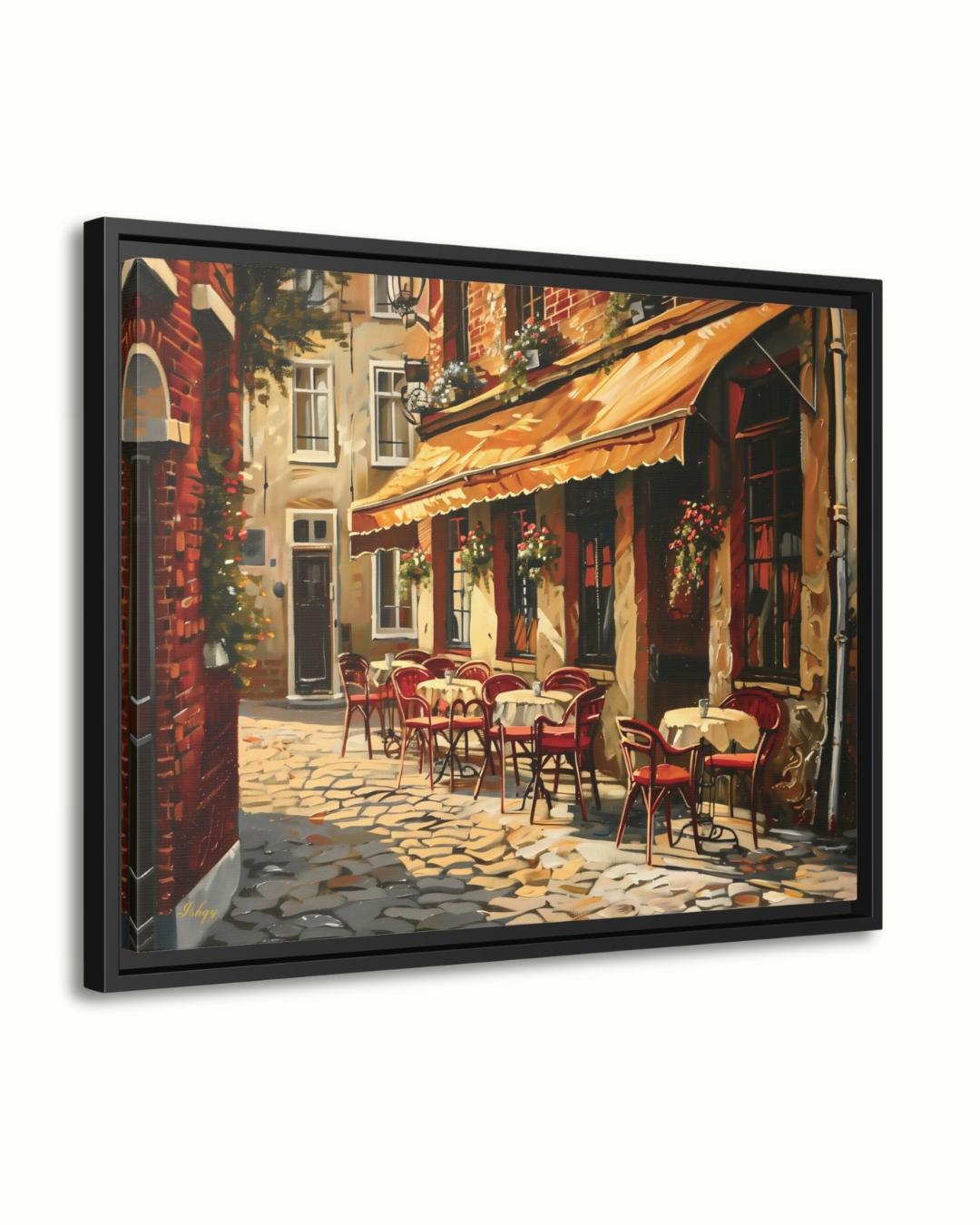European Cafe Street Wall Art Print, Canvas, Framed Canvas, Rustic Vintage Parisian Bistro, Old Town Cobblestone Alley, Kitchen Dining Decor