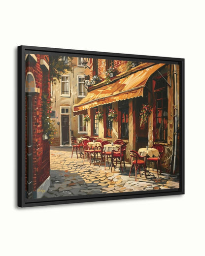 European Cafe Street Wall Art Print, Canvas, Framed Canvas, Rustic Vintage Parisian Bistro, Old Town Cobblestone Alley, Kitchen Dining Decor