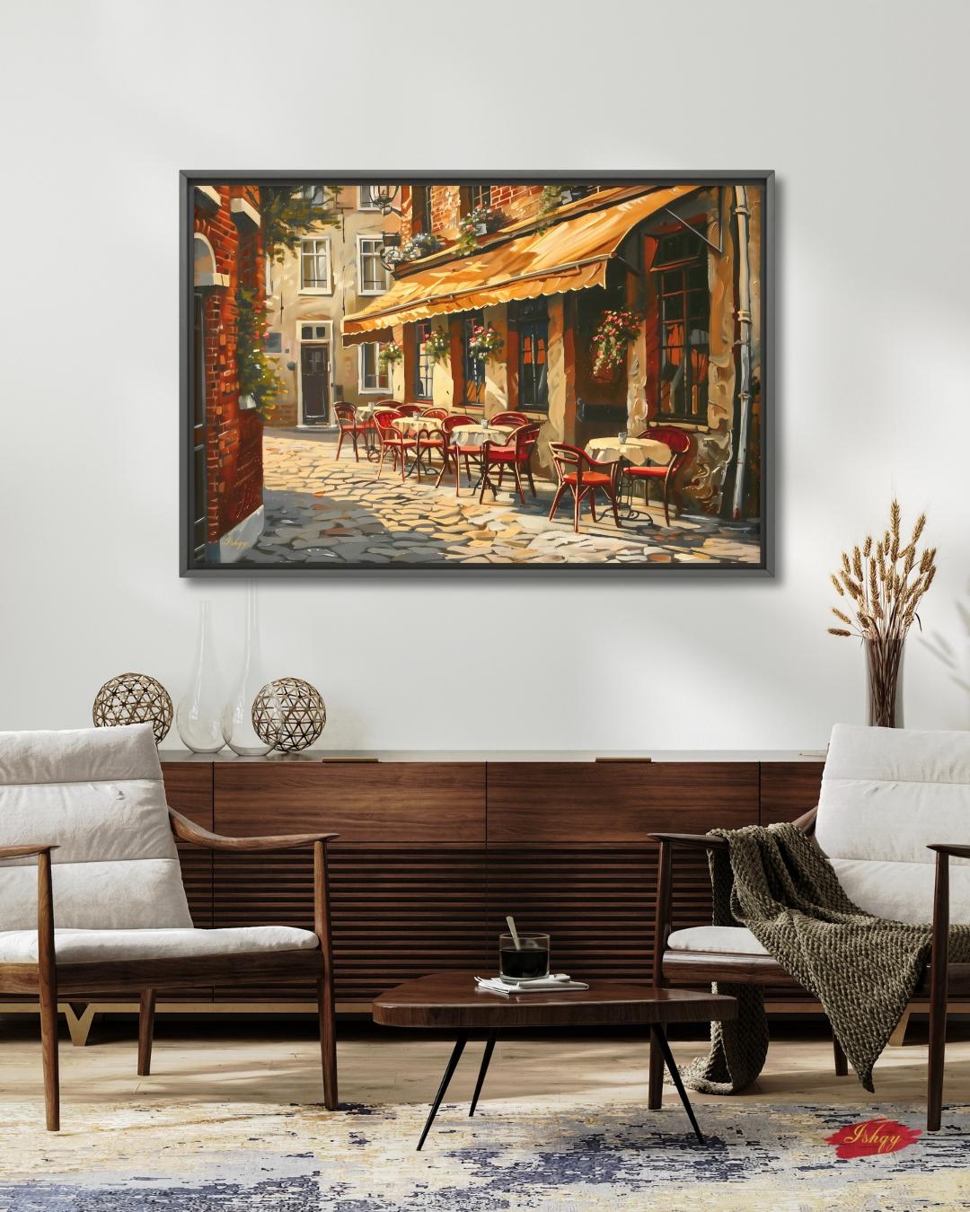 European Cafe Street Wall Art Print, Canvas, Framed Canvas, Rustic Vintage Parisian Bistro, Old Town Cobblestone Alley, Kitchen Dining Decor