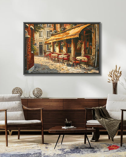 European Cafe Street Wall Art Print, Canvas, Framed Canvas, Rustic Vintage Parisian Bistro, Old Town Cobblestone Alley, Kitchen Dining Decor